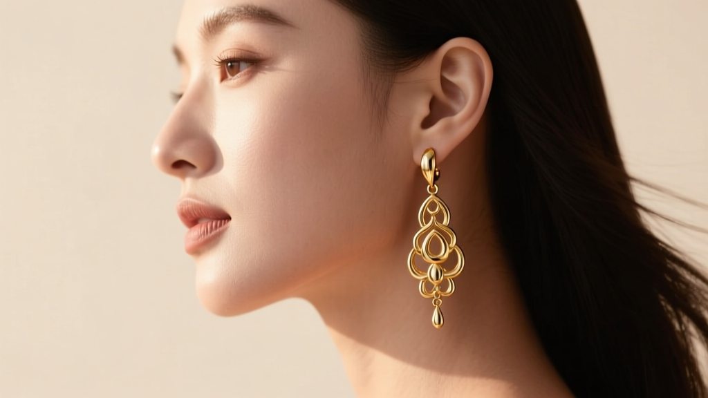 Side profile of a woman wearing a heavy 18k gold drop earring, showing the earlobe supporting the weight gracefully in soft light.