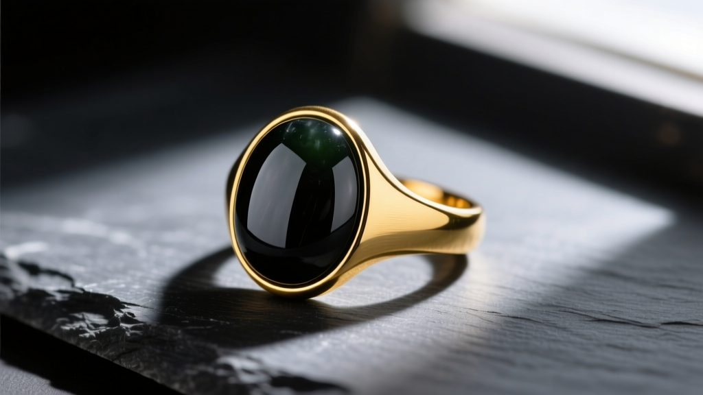 Macro shot of a polished black nephrite jade cabochon ring set in brushed yellow gold on dark slate with dramatic side lighting