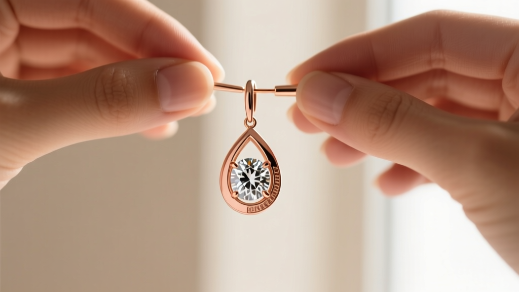 Jeweler inspecting a rose gold bezel diamond drop earring, ensuring the metal rim flushly secures the outer edge of the gemstone.