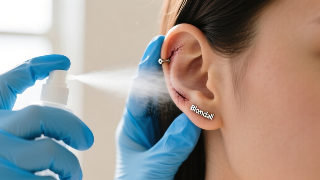 Hands in blue nitrile gloves gently spraying sterile saline wound wash onto a healed earlobe wearing a titanium Blomdahl stud.