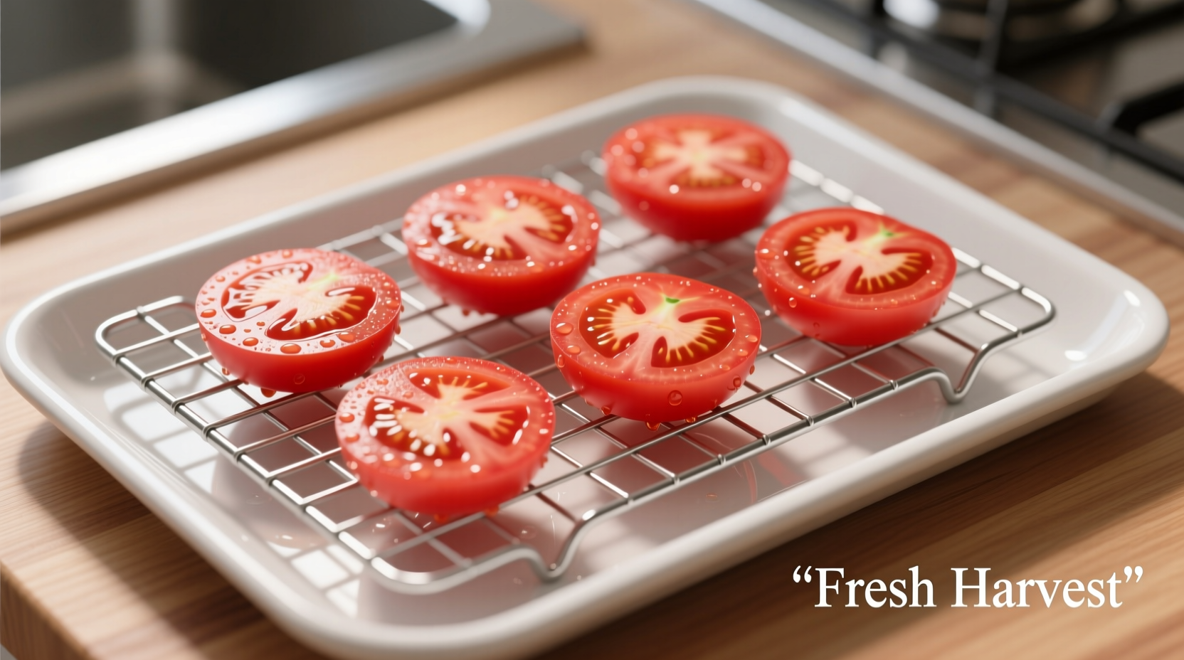 Fresh tomato slices arranged on wire rack for draining