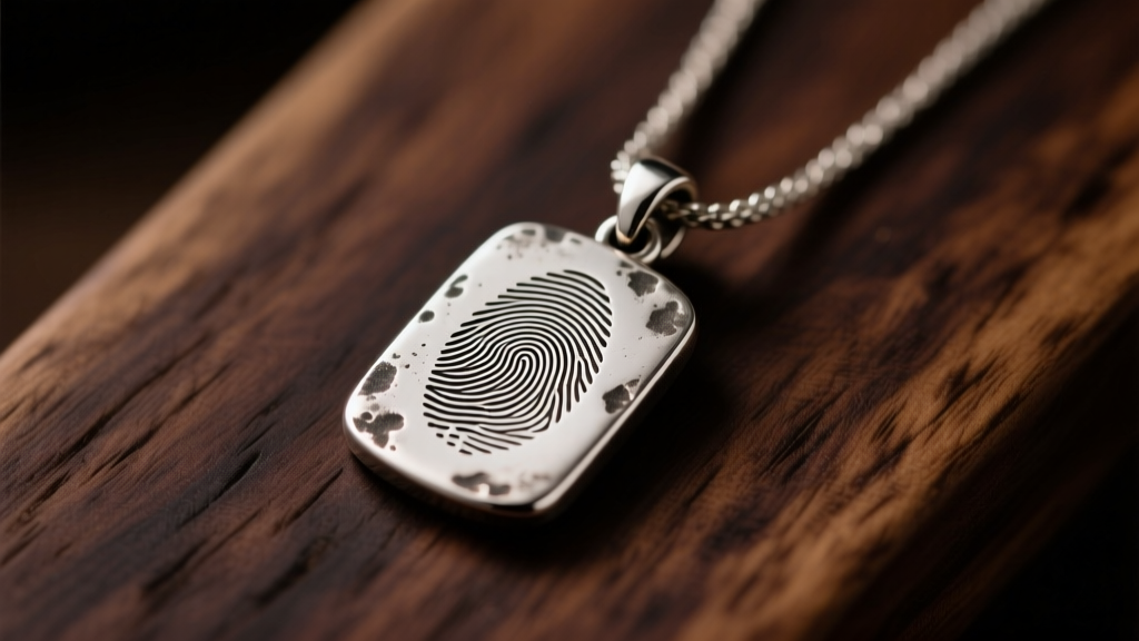 Tarnished sterling silver pendant with laser-engraved fingerprint resting on dark wood under soft warm studio lighting