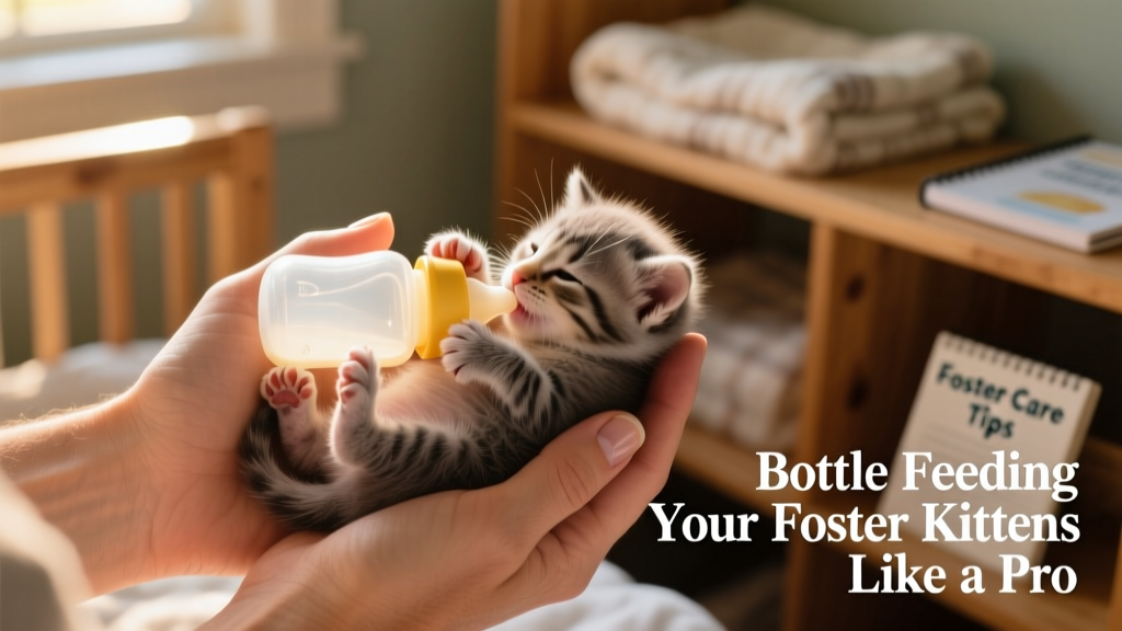 Close-up of a gentle hand holding a newborn kitten in belly-down position while offering a bottle