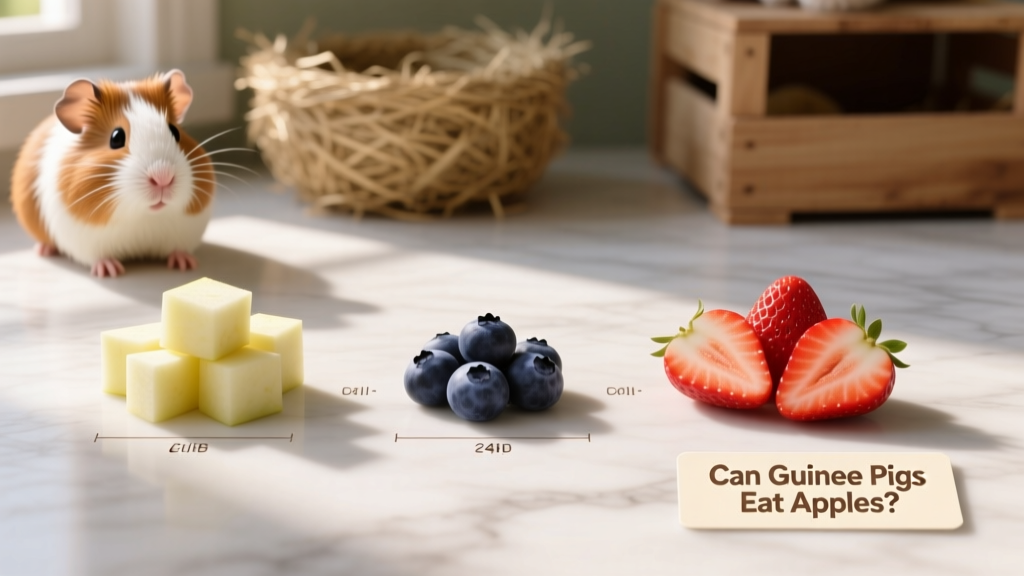 Side-by-side comparison of safe fruit portions: apple cubes, blueberries, and strawberry slices on a clean surface