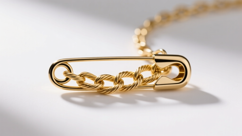 Gold cable chain tangled in the open clasp of a safety pin pendant, lit by soft directional studio lighting on a white surface.