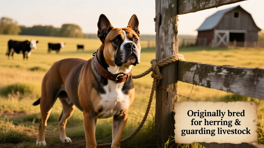 Modern American Bulldog standing alert beside a fenced pasture, showcasing its sturdy frame and focused expression
