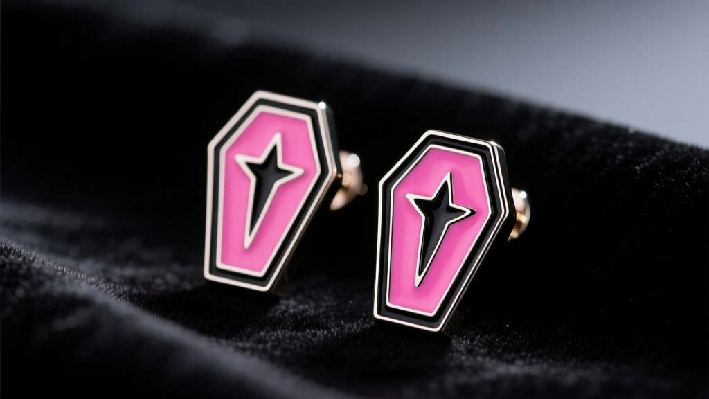 Pink and black Monster High coffin enamel earrings on dark velvet under soft studio lighting, highlighting the glossy enamel finish.