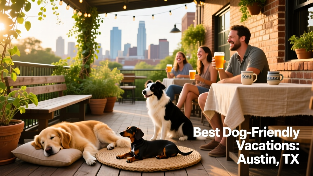 A sunny, bustling dog-friendly patio at a downtown Austin brewery with dogs lounging on shaded benches and owners enjoying drinks