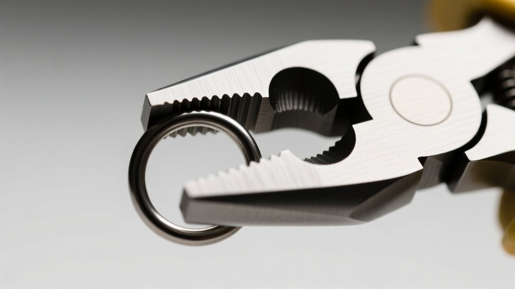 Close-up of flush cutters twisting a 4mm steel jump ring laterally, highlighting the precise alignment of the flush cut ends.