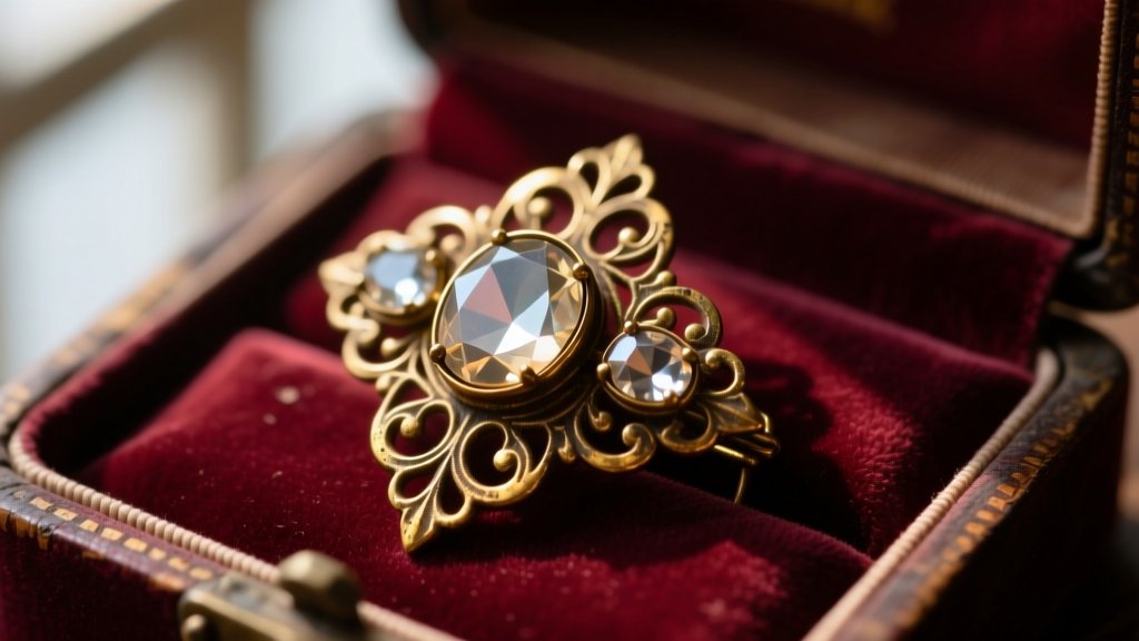 Close-up of tarnished brass vintage brooch with cloudy glass rhinestones resting on faded velvet jewelry box liner, moody lighting.