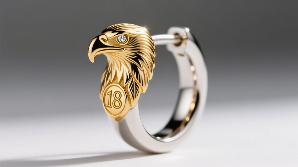 Macro shot of an 18k gold eagle head hallmark stamped on a luxury hoop earring post under bright jeweler's loupe lighting.