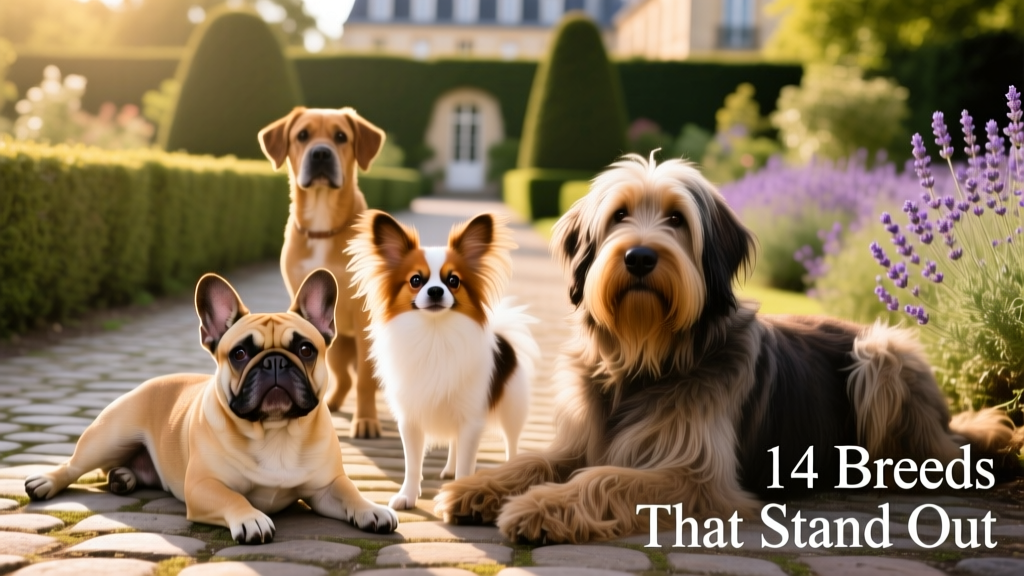 A group of diverse French dog breeds posing together outdoors — including a French Bulldog, Papillon, and Briard — showcasing their distinct appearances and personalities