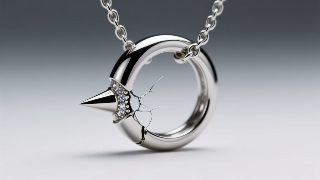Macro of a silver spike necklace jump ring, showing a micro-fracture near the soldered seam under bright directional light.