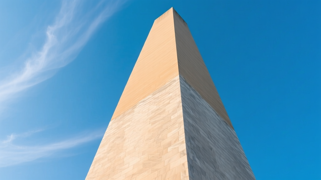 Washington Monument marble facade showing the distinct color shift between lower and upper stone courses against a clear blue sky