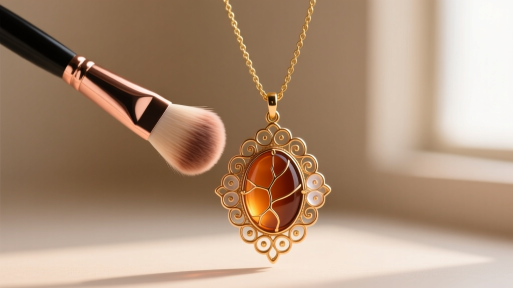 Soft makeup brush gently dusting the intricate brass filigree and resin elements of a vintage-inspired statement pendant necklace.