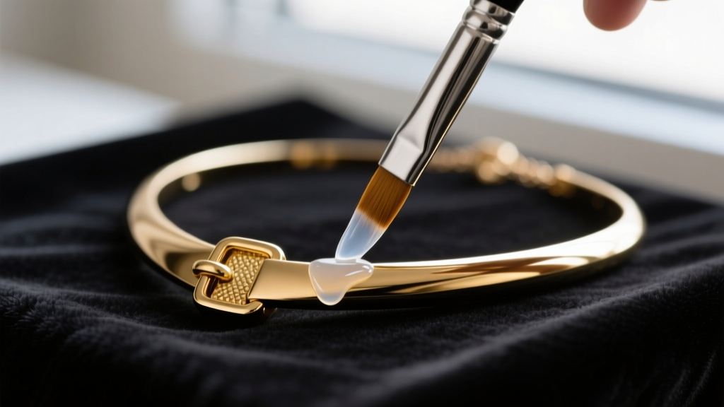 Close-up of a brush applying clear protective sealant to the clasp of a cheap gold-plated alloy necklace resting on a dark cloth.