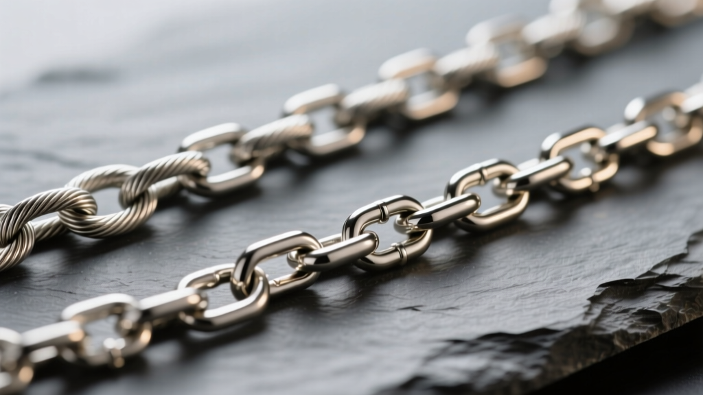 Macro shot of silver chains on slate, showing cable, curb, and box links under soft, warm directional studio lighting