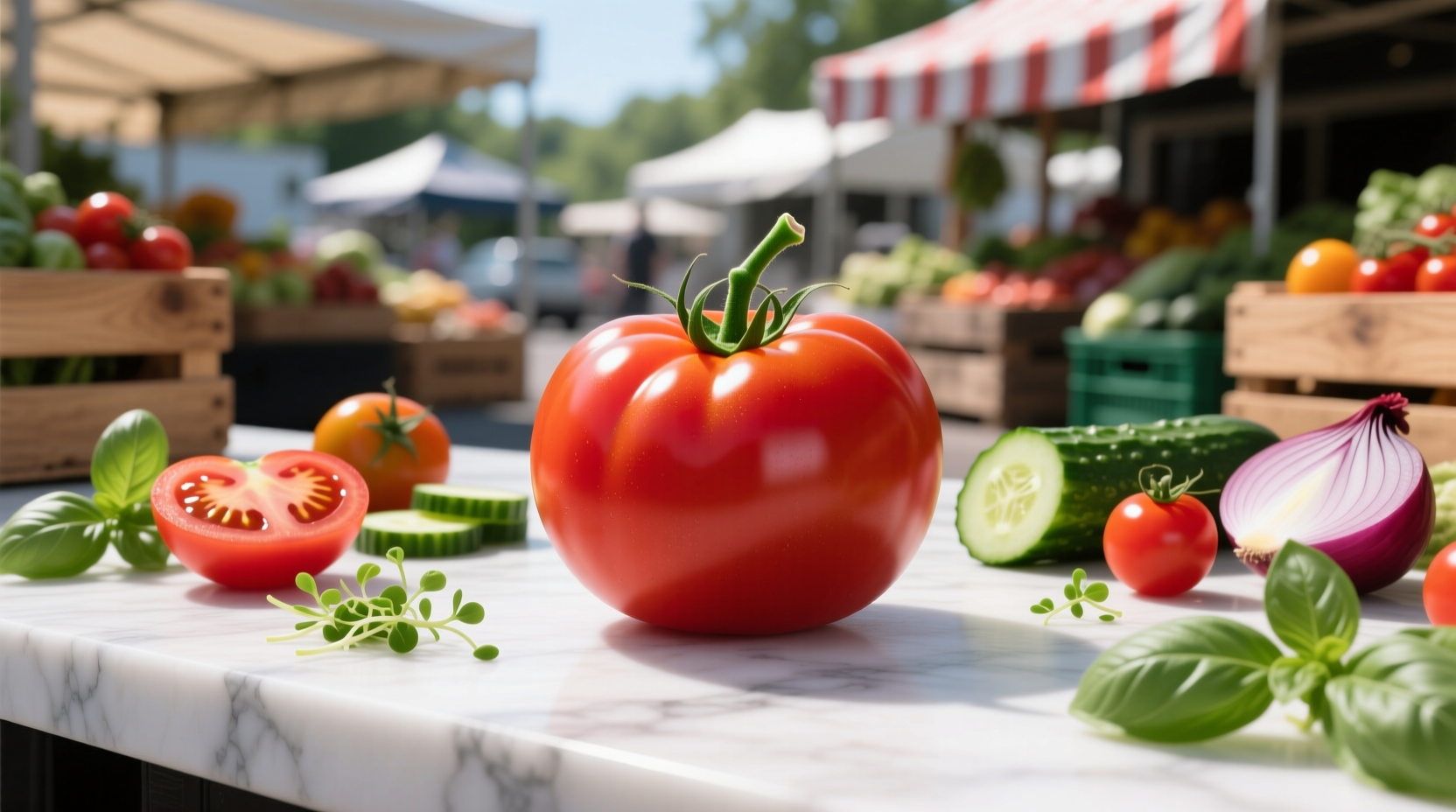 4th of July tomato salad platter with seasonal ingredients available only June-July at farmers markets
