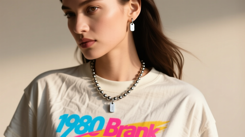 A model wearing an oversized vintage graphic tee with a layered 4mm stainless steel ball chain holding a silver ear tag pendant