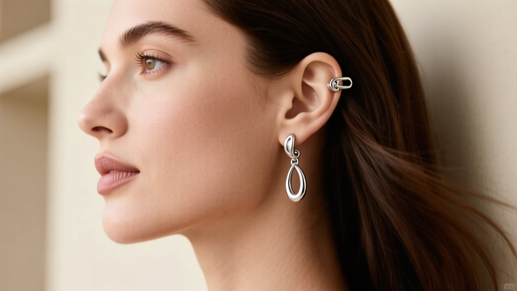 Profile of woman wearing silver leverback dangle earrings, highlighting the secure clasp resting comfortably behind the earlobe.