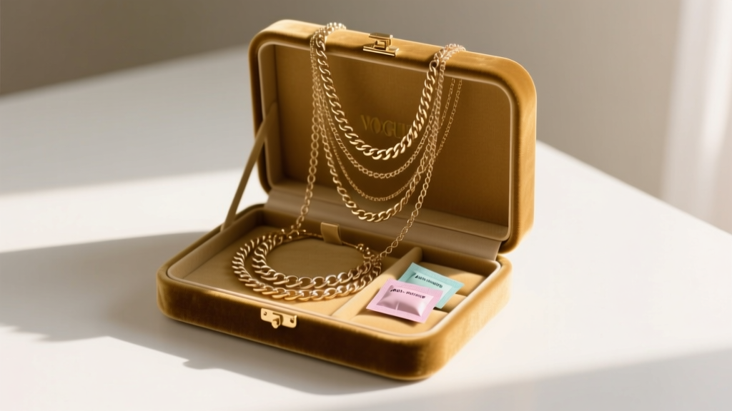 Open velvet box with anti-tarnish silica packets and coiled bohemian layered chain necklaces resting in soft warm light.