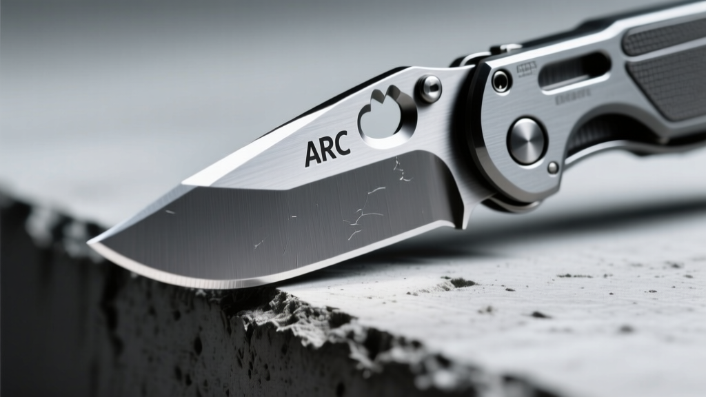 Close-up of the Leatherman ARC MagnaCut steel blade reflecting harsh studio lighting before the concrete drop test begins