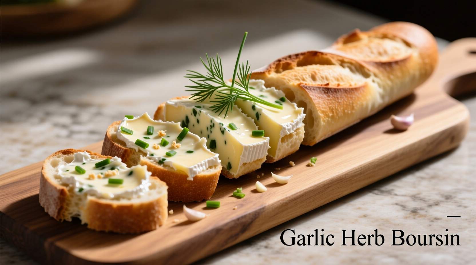 Garlic herb Boursin cheese spread on baguette slices
