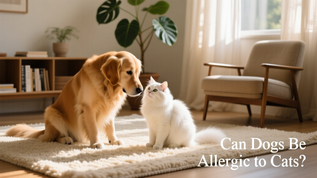 A dog gently sniffing a cat while both sit calmly on a sunlit living room rug