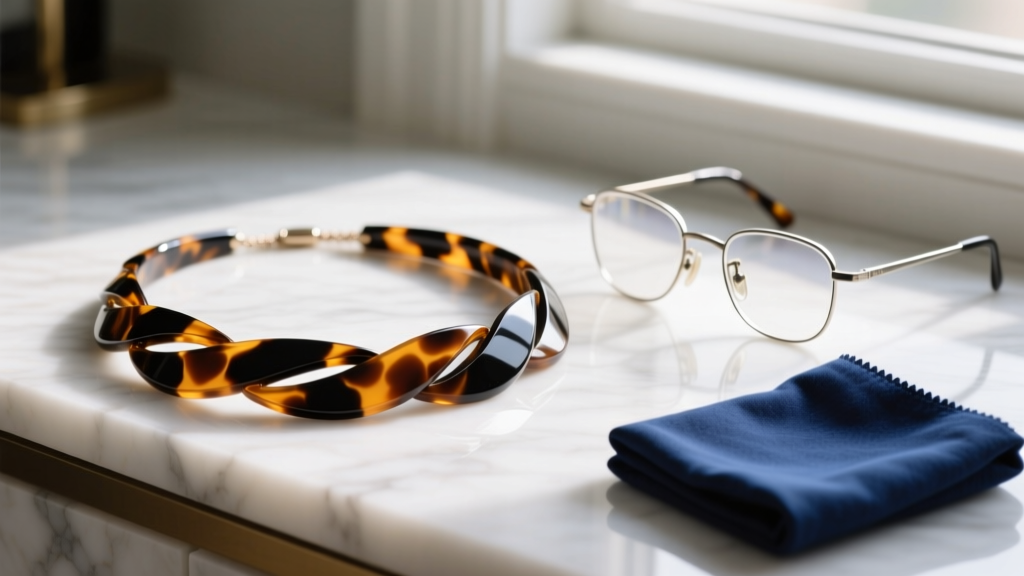 Close-up of tortoiseshell acetate eyeglass necklace on marble vanity beside reading glasses and a folded blue microfiber cloth