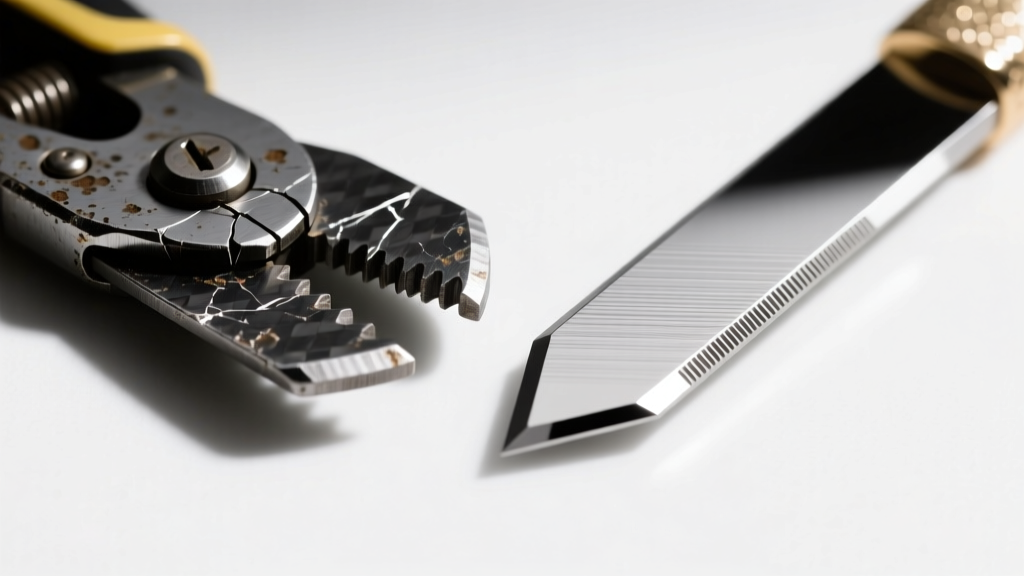 Macro close-up of a chipped budget carbon steel flush cutter next to a pristine hardened steel premium jewelry wire cutting blade