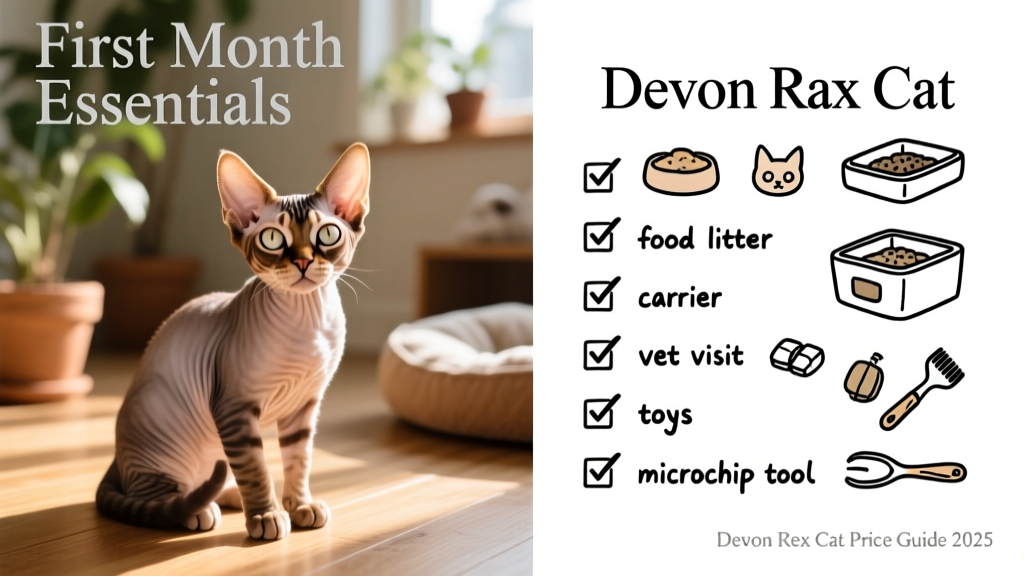Side-by-side comparison: a healthy Devon Rex kitten with clear eyes and glossy coat next to a simple checklist of essential first-month supplies