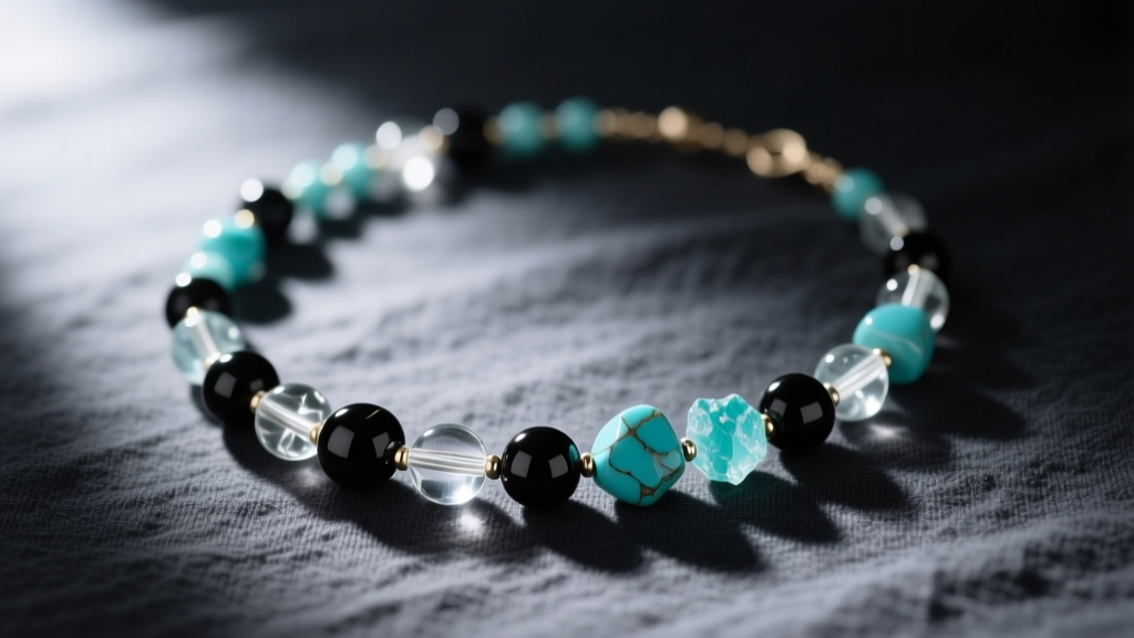 Close-up of a beaded necklace featuring matte onyx, clear glass, and raw turquoise beads resting elegantly on dark linen fabric.