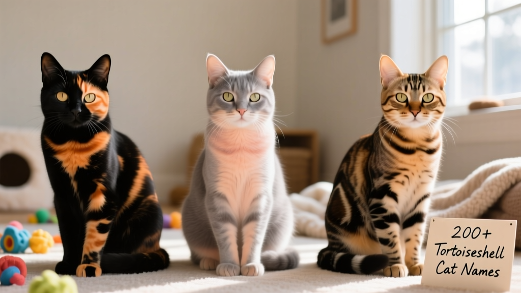 Side-by-side comparison of three tortoiseshell cats: one classic black-and-orange, one dilute (soft gray and peach), and one high-contrast 'torbie' with tabby striping