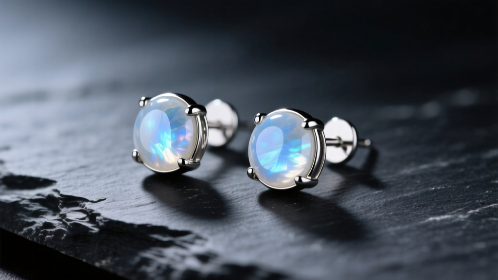 Macro shot of 999 fine silver moonstone stud earrings resting on dark slate under soft, directional studio lighting.