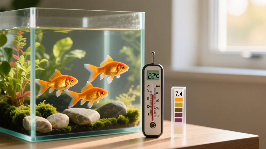 Close-up of an aquarium thermometer and pH test kit beside a clean, well-planted goldfish tank