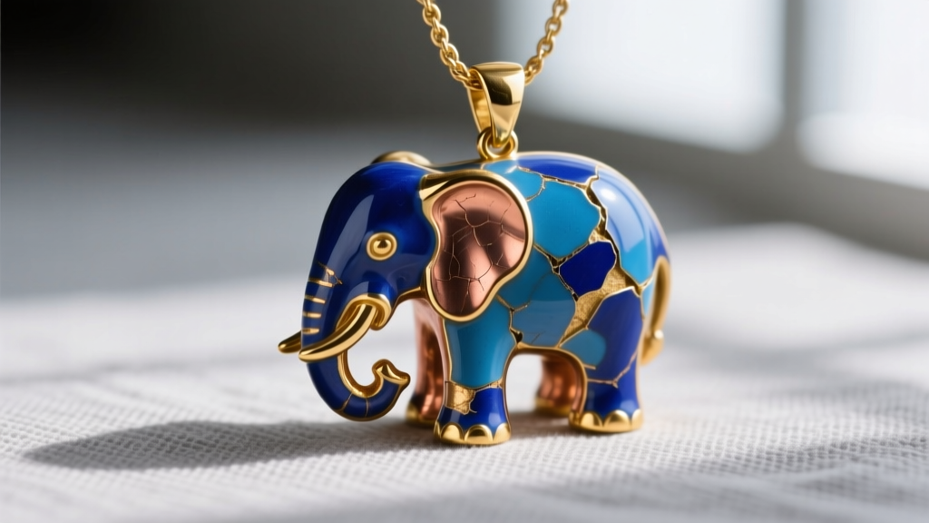 Extreme macro shot of an elephant pendant showing chipped blue enamel revealing the brass base metal underneath the gold plating.