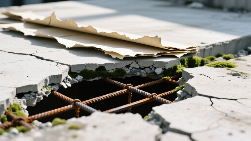 Close-up of a cracked concrete slab showing horizontal delamination peeling away next to deep, rebar-exposing spalling craters