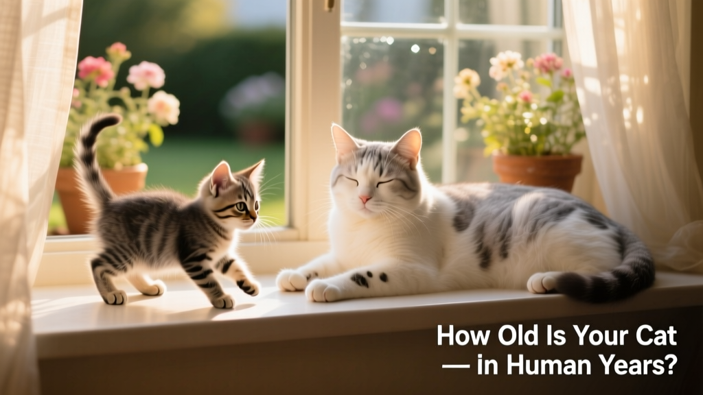 Side-by-side comparison showing a playful kitten and a serene senior cat on a sunlit windowsill
