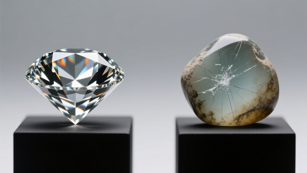 Comparison showing a brilliant natural diamond on the left and a scratched antique lead-glass paste stone on the right side.