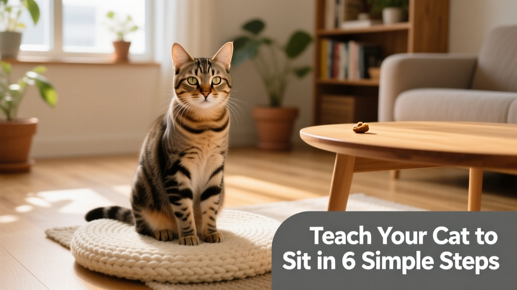 A cat sitting confidently on a soft mat, looking at their owner with focused attention, treat held nearby