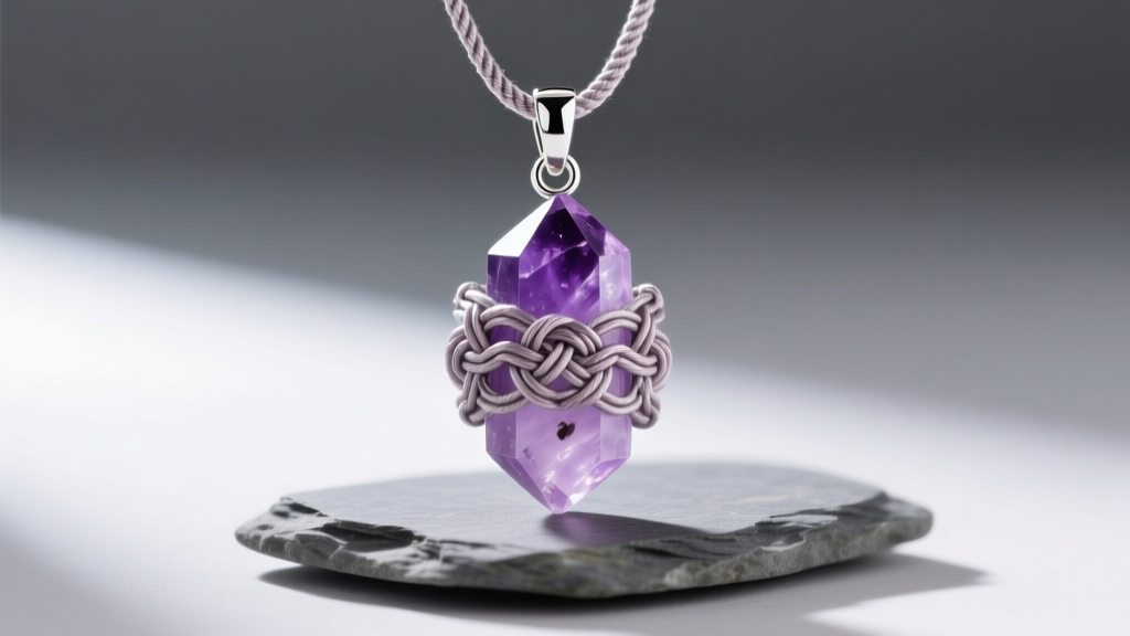 Amethyst crystal wrapped in 1mm Linhasita cord micro-macrame pendant, secured with a sterling silver jump ring bail on slate stone