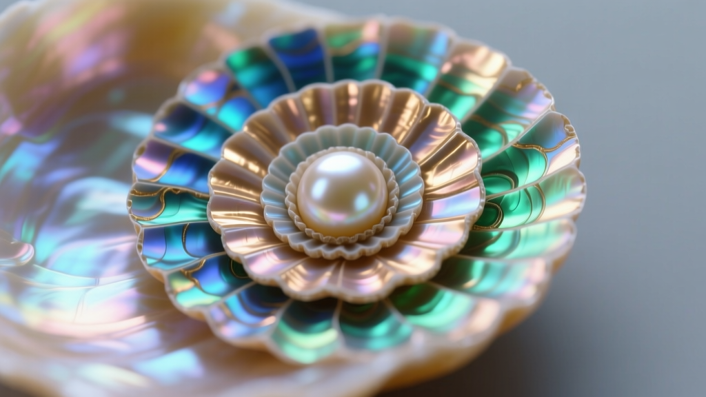 Macro photography of pearl nacre cross-section revealing concentric aragonite platelets and conchiolin in iridescent hues.