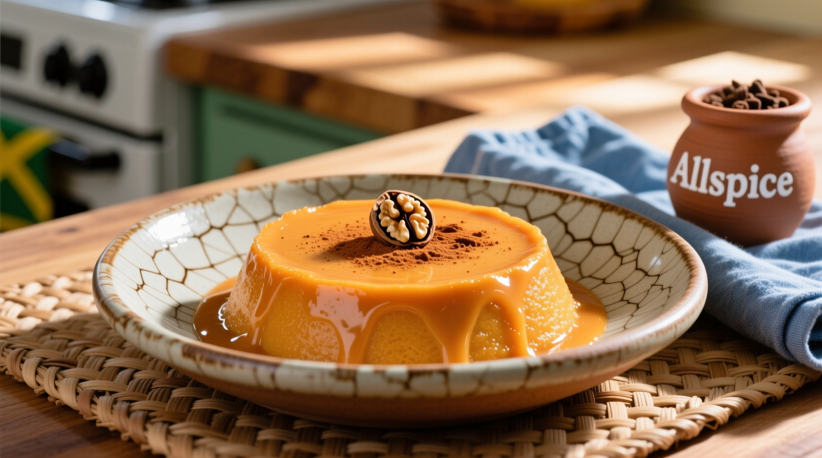 Jamaican sweet potato pudding served in ceramic dish