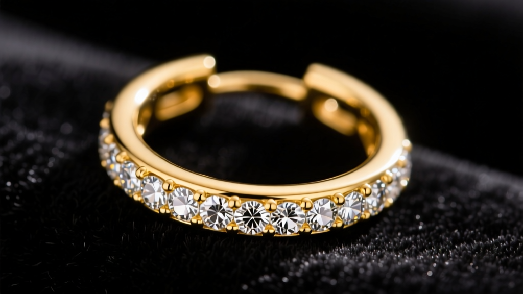 Macro shot of 18k yellow gold diamond hoop earring on black velvet, soft studio lighting highlighting the VVS diamond pave setting