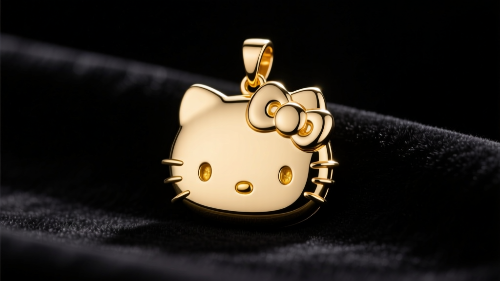 14k solid gold Hello Kitty pendant on black velvet, studio lighting highlighting the polished metal bow and smooth facial features.