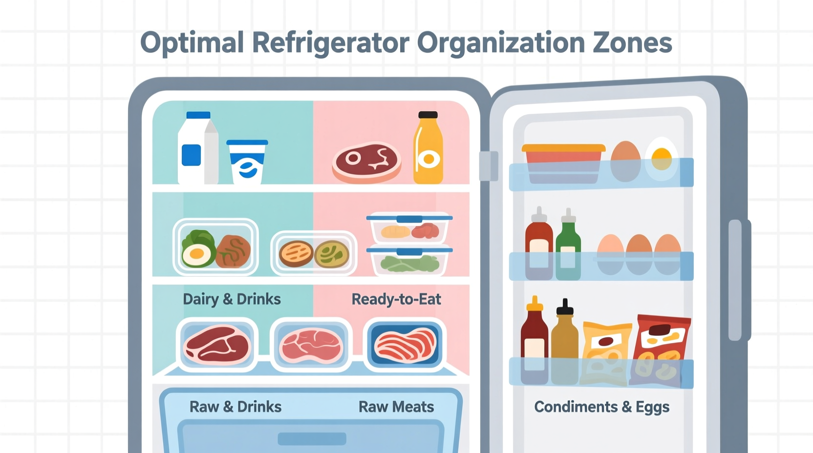 Refrigerator organization diagram showing food placement zones
