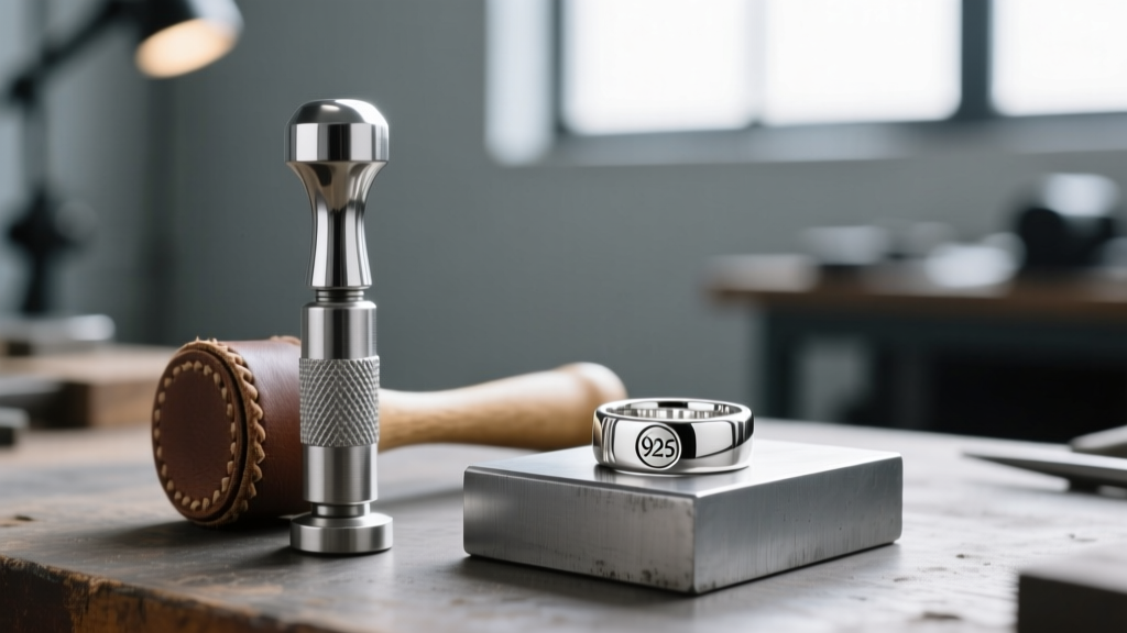 Workbench featuring a steel 925 hallmarking punch, rawhide mallet, and a freshly stamped sterling silver band on a steel block.