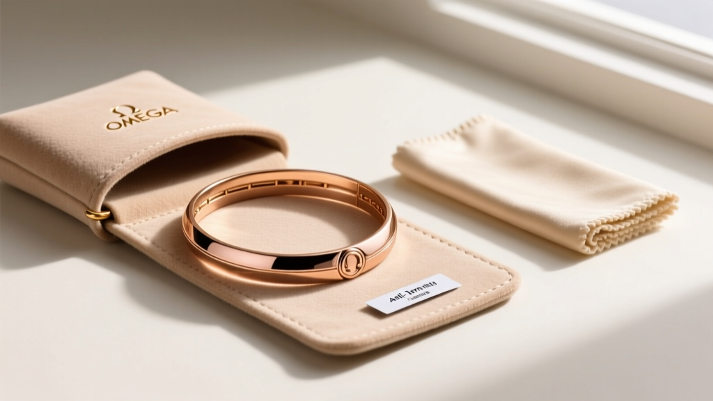 Rose gold omega choker stored straight in a suede jewelry roll, beside a microfiber polishing cloth and a small anti-tarnish strip.
