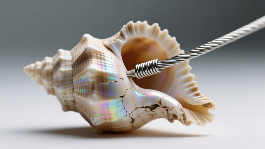 Close-up of 0.018-inch nylon-coated stainless steel wire threaded through the natural center hole of a poka cone shell fragment.