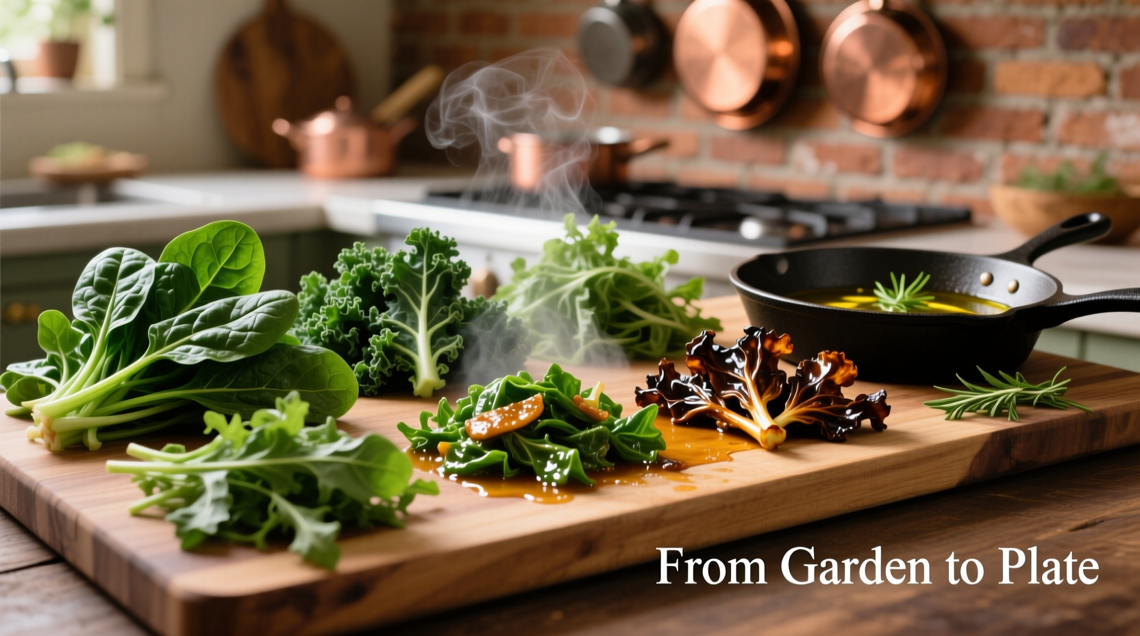 Fresh leafy greens in various cooking stages